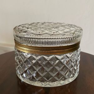 GORGEOUS 1900’s Antique French Diamond Cut Crystal Glass Oval Box Brass Hinge!